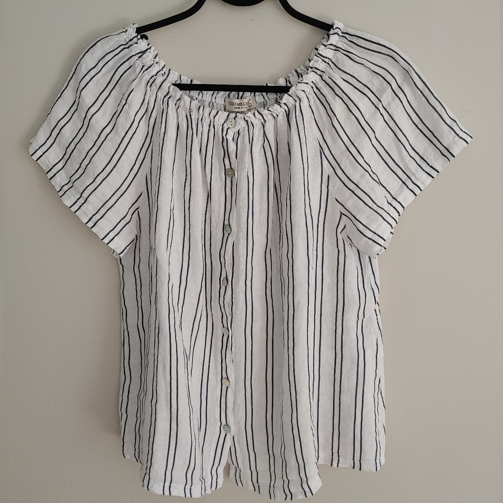Striped Off-Shoulder Button-Front Blouse in White and Black